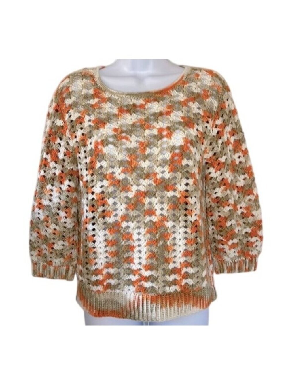 Vintage Hand Crocheted Open Knit Sweater Multicolor 3/4 Sleeve Grannycore Medium